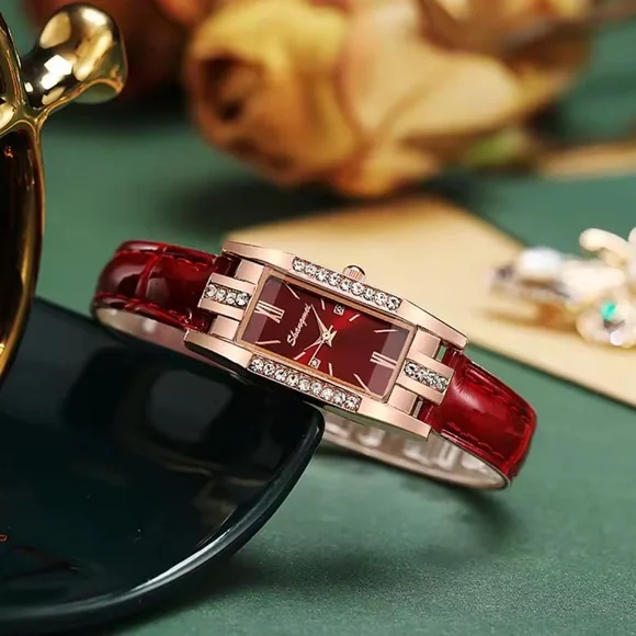 Anthropologie Fashion Rectangle Red Leather Women's Watch - Picture 3 of 3